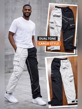 Split Black White Cargo Pants Utility Streetwear Joggers | Adjustable Cuff